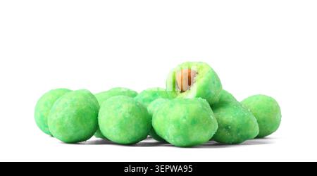 Wasabi coated crunchy peanuts on white background Stock Photo