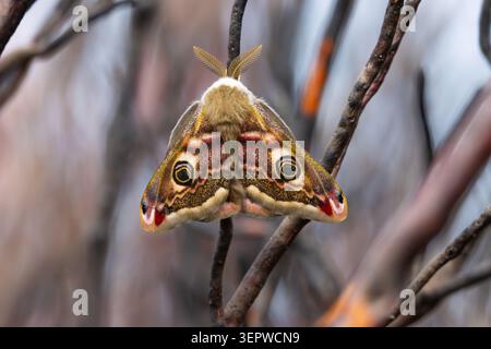 Small emperor moth perced on burt heather on moorland in Northern England. Stock Photo