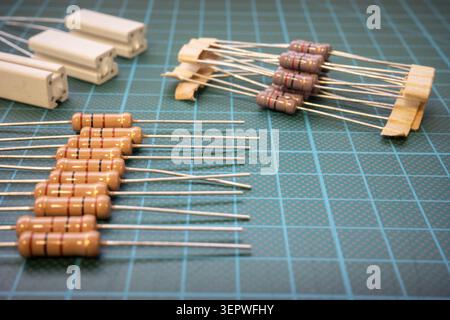 Electronic Resistors On Cutting Mat For DIY Circuit Project Stock Photo