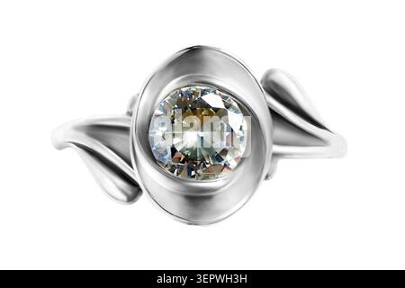 Elegant white gold ring with large crystal isolated over white Stock Photo
