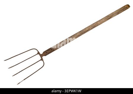 Old pitchfork on a white background. Working farm pitchfork isolated on white background. Stock Photo