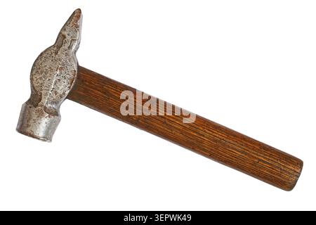 Old classic hammer with wooden handle isolated on white background. One hammer close-up. Stock Photo
