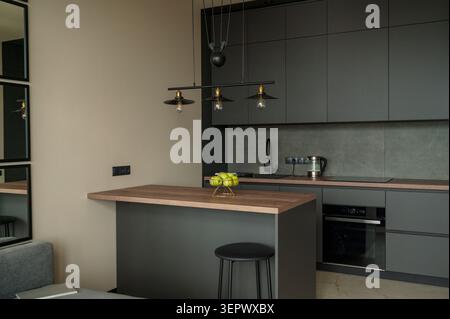 Modern kitchen with contemporary grey furniture and built-in appliances. Minimalist interior design with clean lines and spacious layout. Concept of l Stock Photo