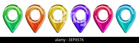 Glossy colored 3D map location pin icons in different views. Transparent glass or plastic navigation markers isolated on background for GPS, map, trav Stock Photo