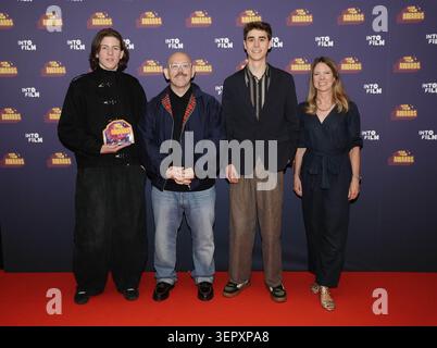 Nick Frost (2nd left ) and Charlotte Tudor (right) with the winners of the Best Animation: 12-19 Award, at the Into Film Awards at Odeon Luxe, Leicester Square in central London. Picture date: Tuesday June 16, 2026. Stock Photo