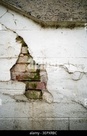 Broken stucco and worn, mossy bricks Stock Photo