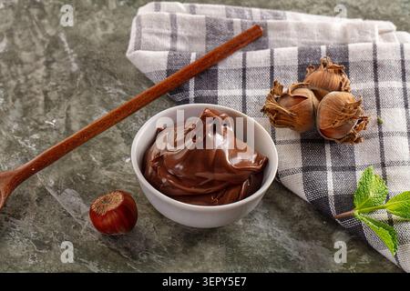 Rich chocolate hazelnut spread in white ceramic bowl with cinnamon stick and fresh hazelnuts on gray stone background with mint leaves and checkered c Stock Photo