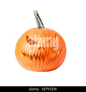 Carved Halloween pumpkin with a scary face isolated on a white background. Traditional jack o lantern cutout suitable for seasonal designs, decorations and holiday concepts Stock Photo