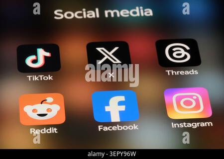 Shanghai,China-June 16th 2026: X twitter, TikTok, Threads, Facebook, Reddit and Instagram. Assorted social media app icons Stock Photo