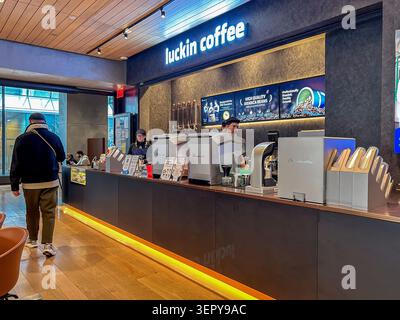 New York City, NY, USA, Interior View, Chinese Owned Coffee Shop "Luckin Coffee" Counter Stock Photo