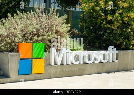 Mountain View, CA, USA — June 7, 2026: Microsoft regional office sign displayed in front of a modern glass building in Silicon Valley. Stock Photo