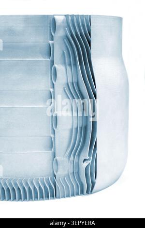 Object printed on 3D printer isolated on white background. Gas turbine component and outer turbine rings. Model printed on 3D printer from metal powder. Selective Laser Melting technologies. SLM Stock Photo