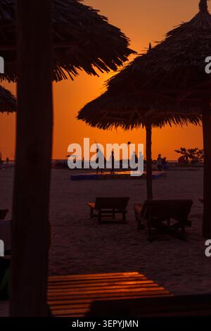 Golden sunset over a tropical beach in Zanzibar with silhouettes of traditional straw umbrellas and people. Vertical shot. Stock Photo