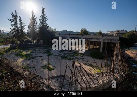 28.09.2024, Albania, Vlora, Bistrice - A derelict commercial building in a village; ruins of various kinds are a common sight in the country. 00A24092 Stock Photo