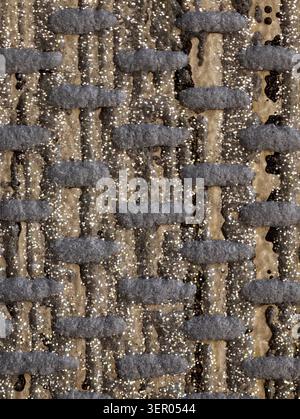 Close-up view of a woven textile featuring thick looped yarns woven over a coarse base fabric. The material shows raised soft gray tufts forming horiz Stock Photo
