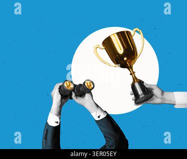 Hands holding binoculars, looking towards to a golden, successful trophy., isolated against a flat-design background. Business success search concept Stock Photo