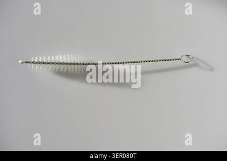 Slim metal wire cleaning brush with loop handle on a clean background, a practical tool for tubes, straws and precision maintenance Stock Photo
