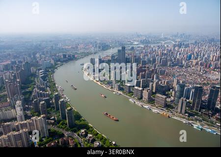 High angle aerial panorama of Shanghai cityscape and Huangpu River, China Stock Photo