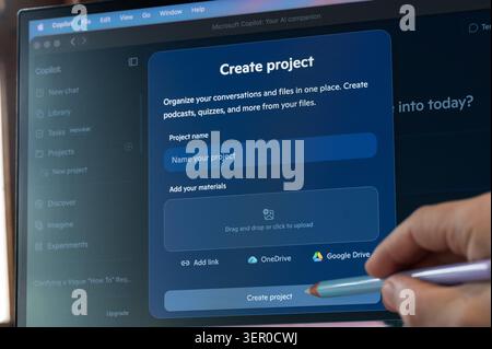 New York, USA - June 16, 2026: Creating project in Microsoft Copilot AI app close up view on screen background Stock Photo