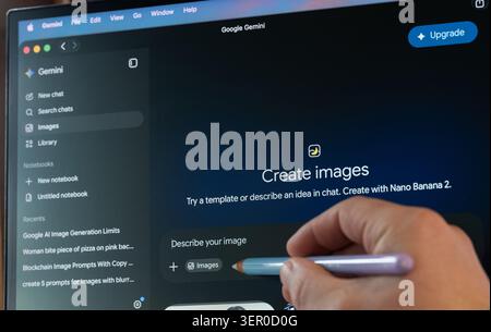 New York, USA - June 16, 2026: Creating image in Gemini Nano Banana AI app close up view on screen background Stock Photo