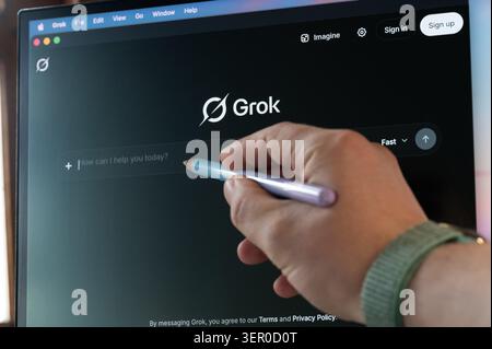 New York, USA - June 16, 2026: CCreating project in Grok AI app close up view on screen background Stock Photo