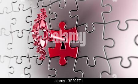 Red key on red puzzle part. 3D illustration. Stock Photo