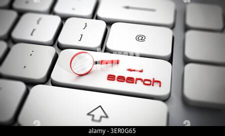 Magnifying glass on search key of the keyboard. 3D illustration. Stock Photo