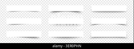 Realistic paper drop shadow banner frame. 3D soft gradient bottom edge overlay mockup vector design. White rectangle card box page border text divider graphic element. Stock Vector