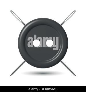 Vector 3d Black Sewing Button With Needles Icon, Isolated. Tailoring Craft Symbol. Clothing Fastener, Needlework Accessories, Dressmaker Atelier Stock Vector