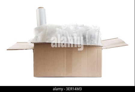 Packaging materials in cardboard box isolated on white Stock Photo