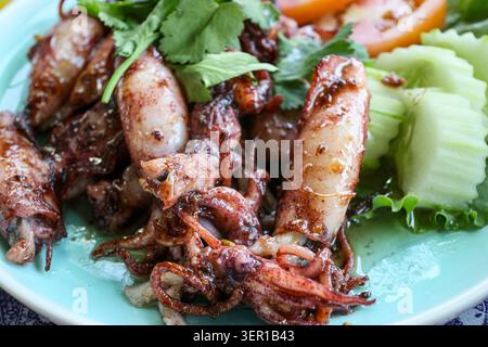 Close up macro shot of authentic Thai fried squid with crispy garlic and fresh vegetable side dish on a rustic plate for food editorial use. Stock Photo