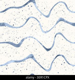 Elegant seamless watercolor pattern featuring flowing blue wavy lines and subtle paint splatter texture. Ideal for textiles, wallpaper, stationery and Stock Photo