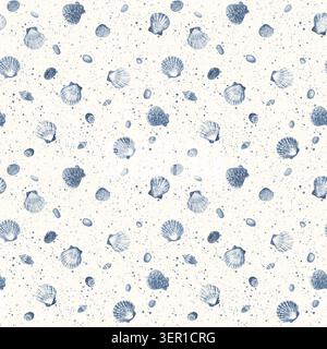 Seamless watercolor pattern with scattered seashells, pebbles and paint splatters. Delicate coastal design perfect for fabrics, wallpaper, stationery Stock Photo