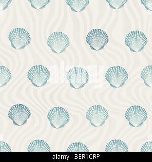 Seamless pattern with watercolor seashells on a subtle wavy striped background. Soft coastal design for textiles, wallpaper, beach decor and modern su Stock Photo