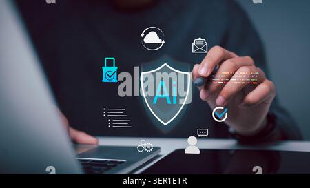 person holding stylus pen near virtual AI shield icon, cloud computing, and padlock graphic on laptop. Concept of artificial intelligence in cyber sec Stock Photo