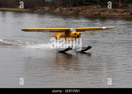 Piper PA-18-150 Super Cub N4488Z lifts off from the Chena River in Fairbanks, Alaska. Stock Photo