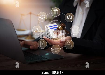 Professional hand interacting with legal technology holographic interface Stock Photo