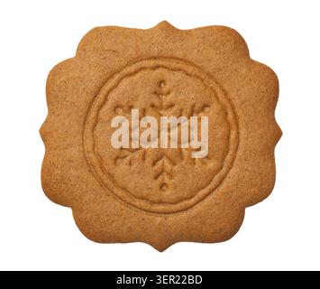 Gingerbread cookie in shape of label with snowflake isolated on white background. Top view Stock Photo