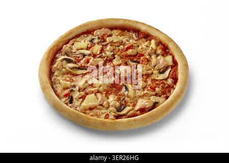 Tasty pizza with salmon, pineapple, and mushrooms is isolated on a white background Stock Photo