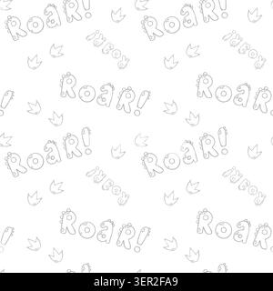 Seamless dinosaur pattern with roar lettering and footprint doodles on white background. Repeating design suitable for fabric, childrens apparel, paja Stock Photo
