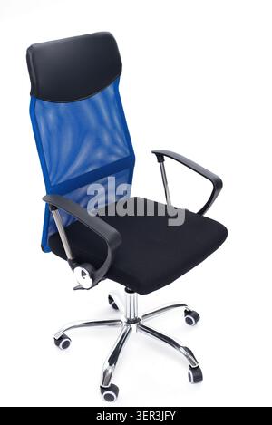 Ergonomic blue mesh office chair isolated on white background. Modern high-back desk armchair with armrests. Stock Photo
