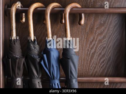 Different classic wooden handle walking length umbrellas on display in luxury clothing boutique store Stock Photo