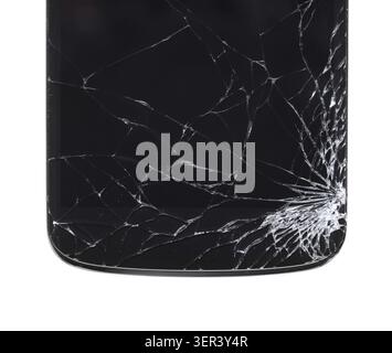 Modern smartphone with cracked screen in one corner, isolated on white background Stock Photo