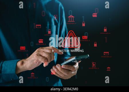 system warning attack cybersecurity risk hacking threat data breach alert shows digital information security protection fails while man in blue shirt Stock Photo