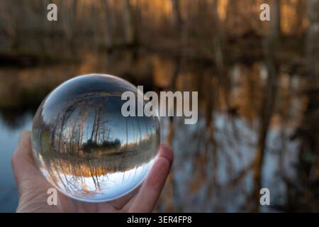 World Globe map on a glassball with nature inside and being out in the nature and in the forest in Denmark/Scandinavia. Stock Photo