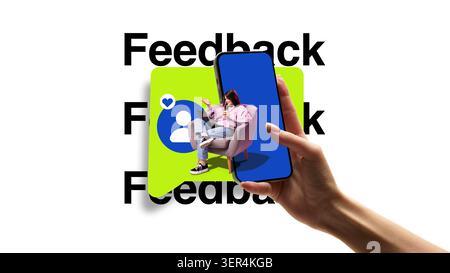 Customer feedback on smartphone with woman in chair and blue screen. Stock Photo