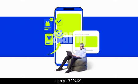 E-commerce mobile app with product cards and man using laptop. Stock Photo