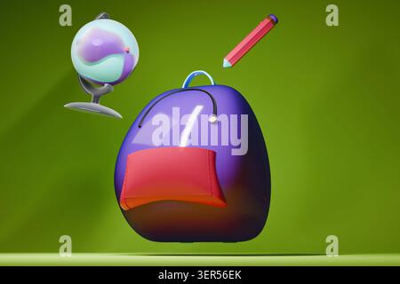 Floating back to school 3D render concept. Purple inflatable cartoon backpack, red pencil and globe levitating on green background. Creative layout wi Stock Photo