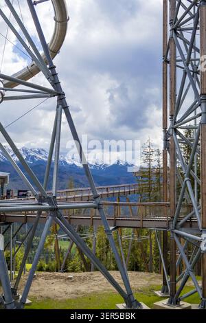 Steel framework of elevated mountain observation tower surrounded by forest landscape. Modern engineering structure, tourism infrastructure Stock Photo