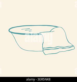 Hand drawn vector illustration of a laundry basin with a towel. Simple teal doodle of a wash bowl and cloth for hand washing, housekeeping chores, and Stock Vector